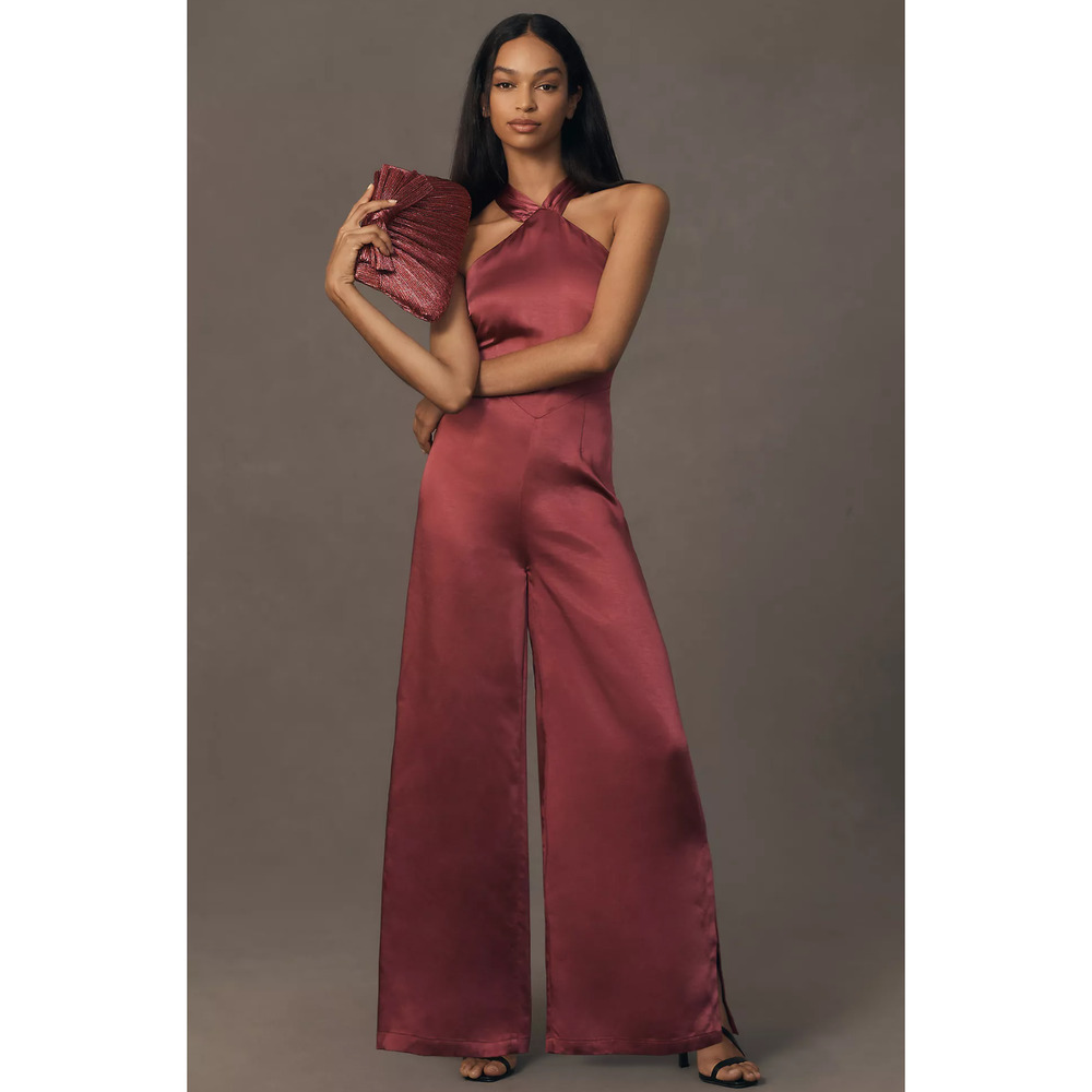 Anthropologie Satin Halter Jumpsuit in Burgundy